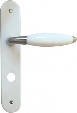 Poignée de porte intérieure pas cher design en bois blanc set zamak Nickel  mat sur plaque Clé L entraxe 195 mm, ATHENA