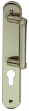 1/2 poignée de porte extérieure design en laiton chromé mat et cuir marron  sur plaque Clé I entraxe 195 mm, ROMEO