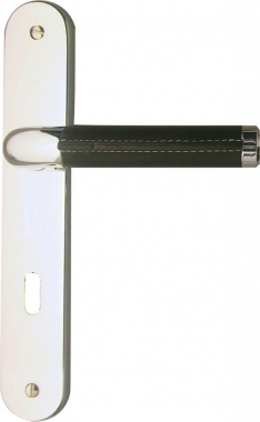 1/2 poignée de porte intérieure réversible design en laiton chromé et cuir  noir sur plaque Clé L entraxe 195 mm, TEXAS