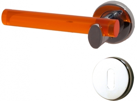 1/2 poignée de porte intérieure pas cher gauche design en métal chromé et  acrylique translucide orange sur rosace ronde Clé L, VITAMINE